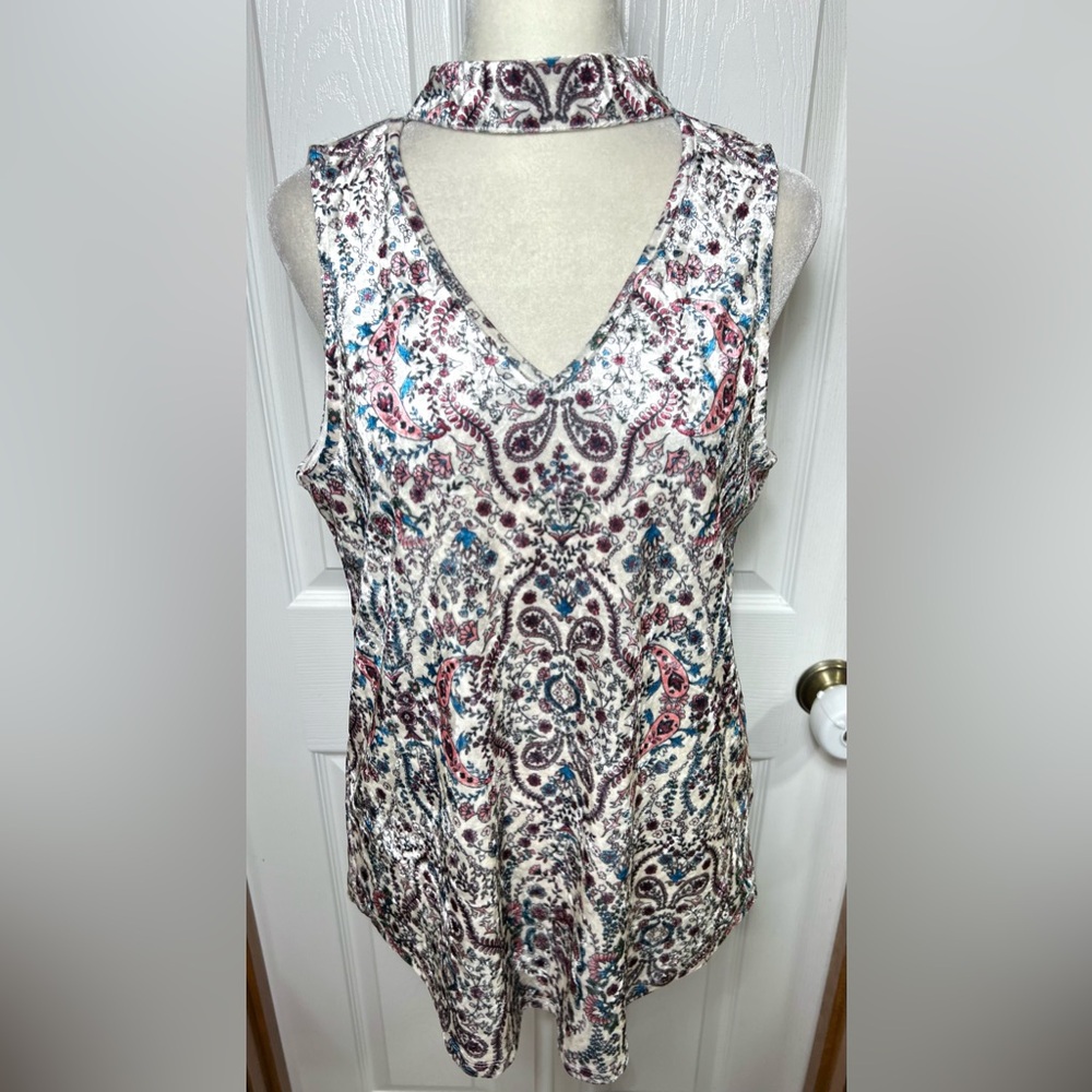 By & By Velvet Tank Top Sleeveless Blouse Halter Neck V Neck Ivory White Boho M